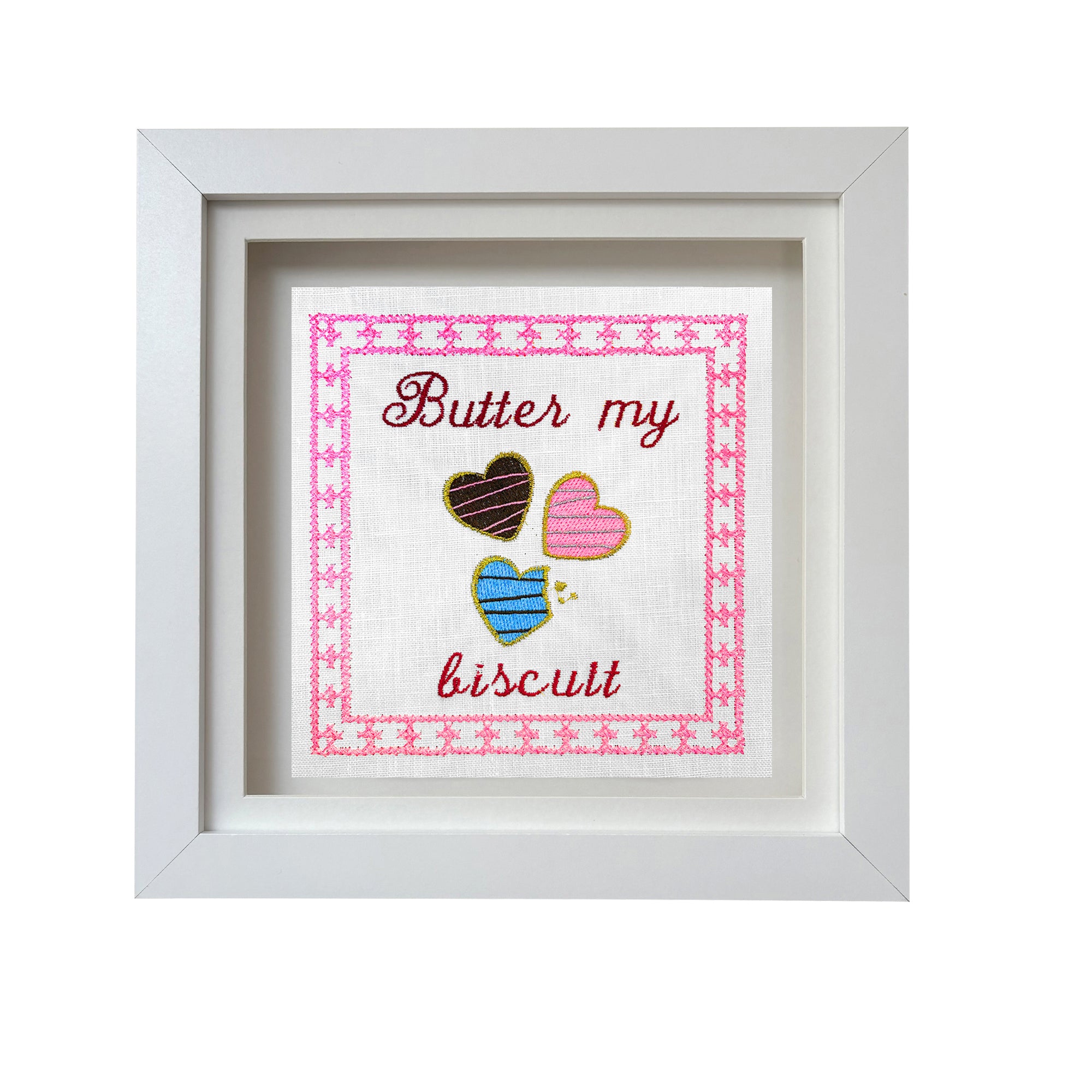 Lillyloves Butter My Biscuit embroidered artwork featuring decorative text and detailed stitching on fabric background.