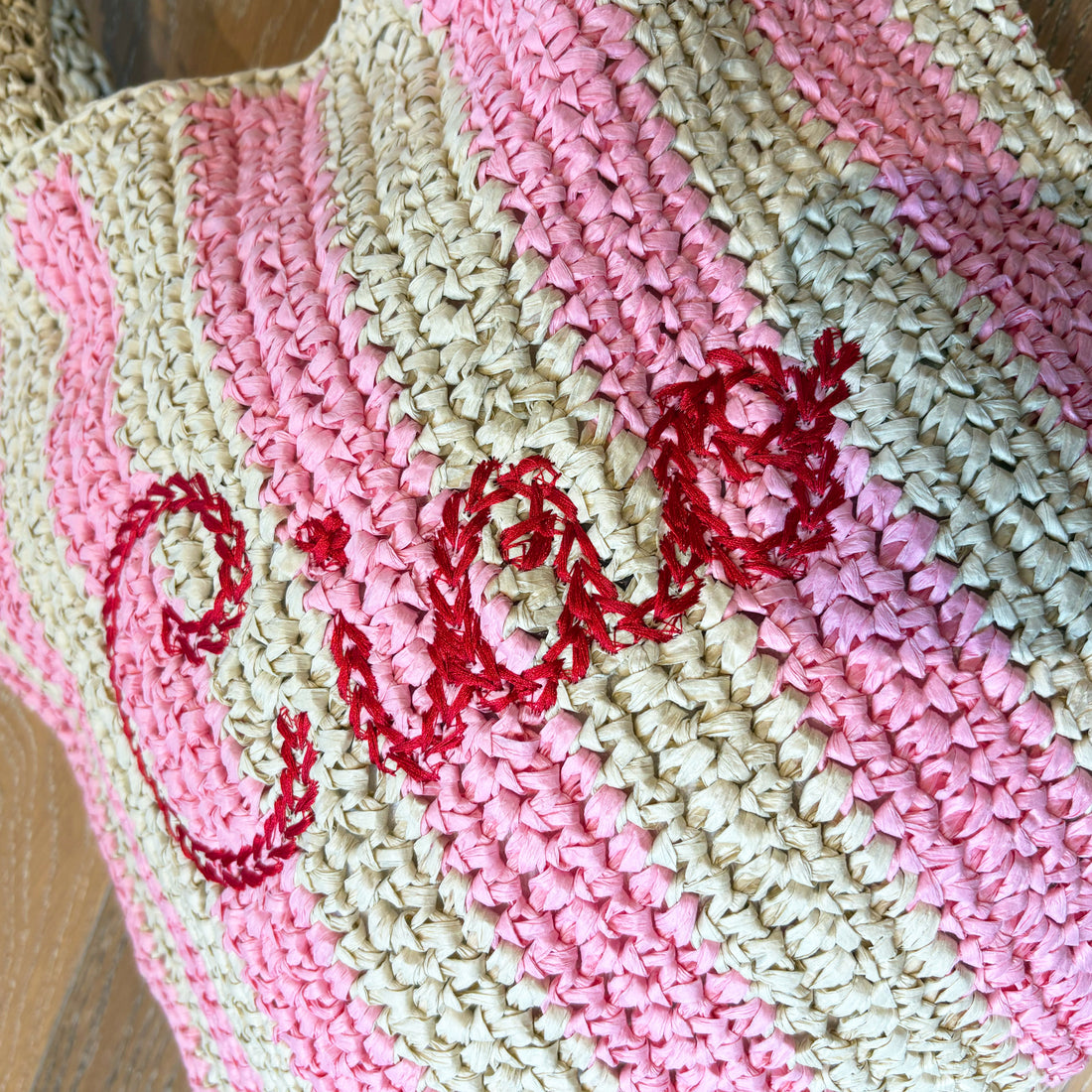 Pink Ciao Embroidered Straw Beach Bag