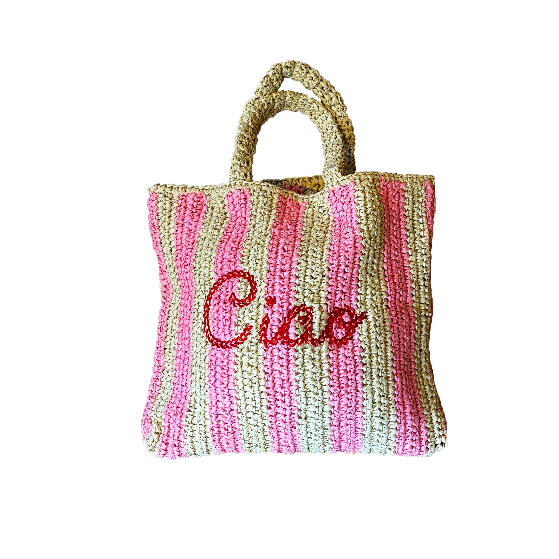 Pink Ciao Embroidered Straw Beach Bag