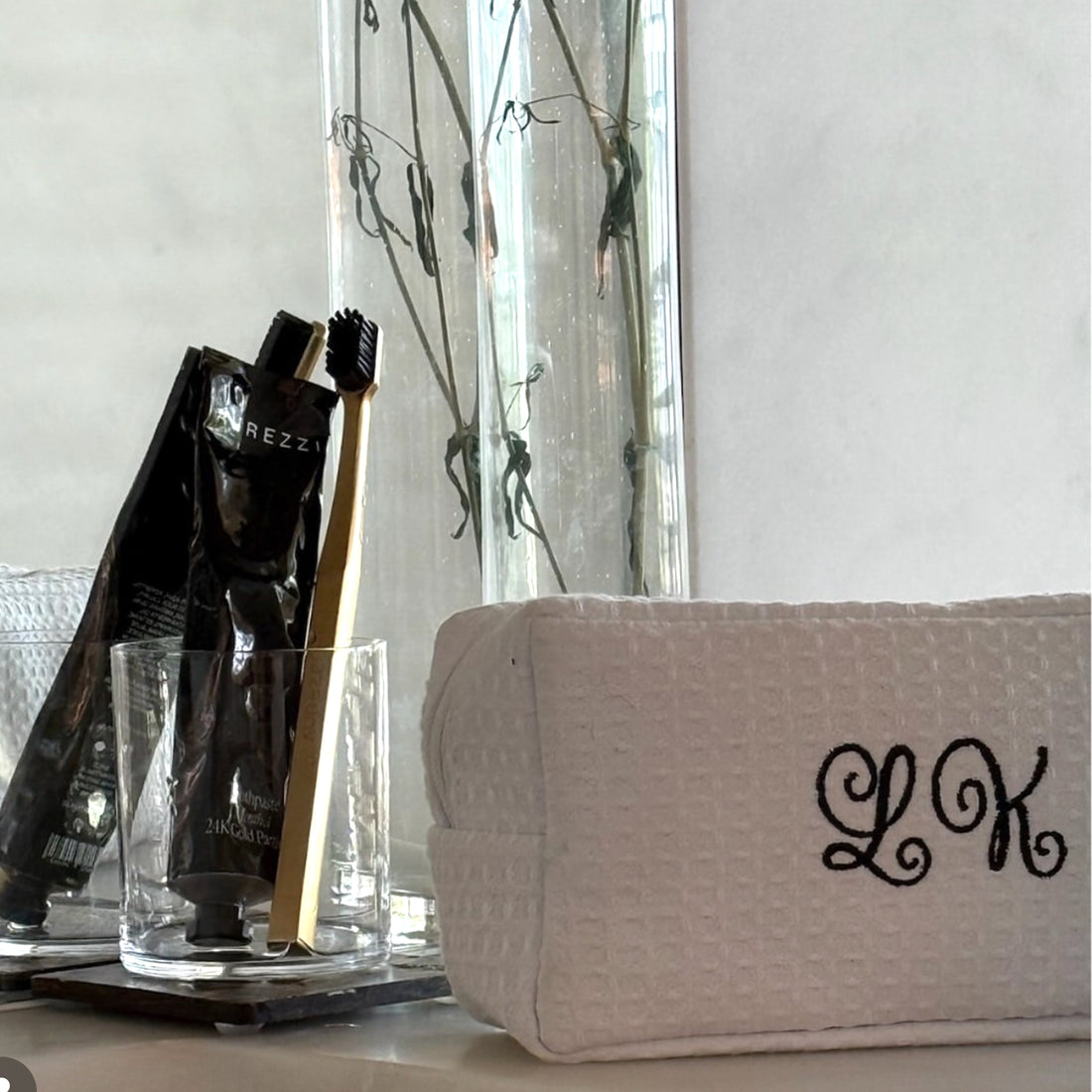 Monogram Curly Font Quilted Cosmetic Bag | Embroidered Makeup Case & Bridal Gift