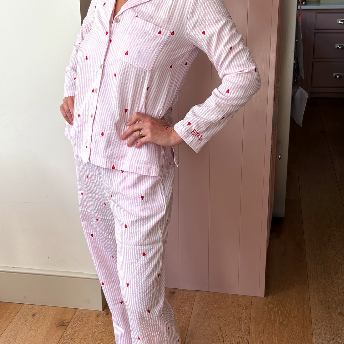 Pink Heart Embroidered Cotton Stripe Pajamas