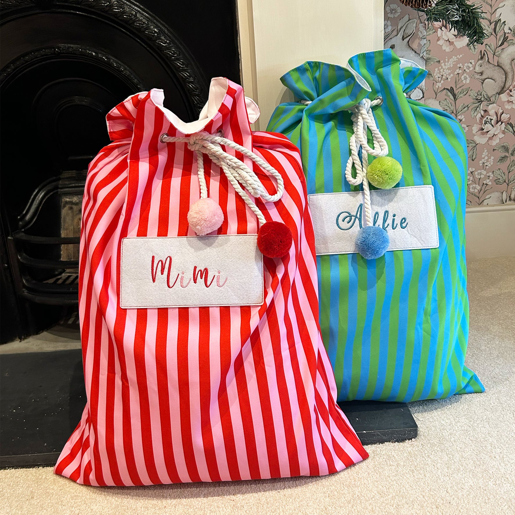 Personalised Green and Blue Christmas Sacs