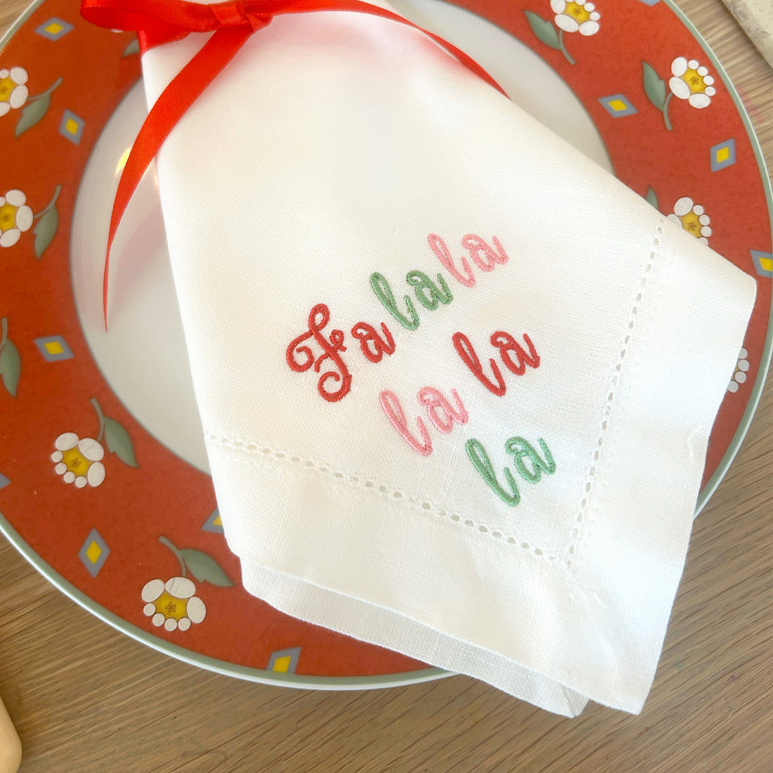 Fa la la la Christmas Embroidered Napkins, Set of 4