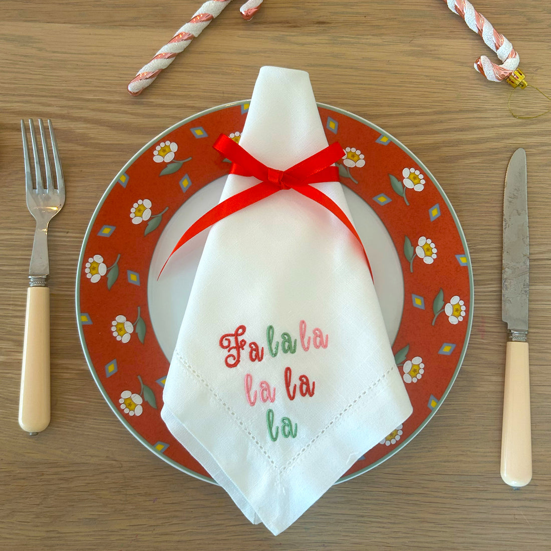 Fa la la la Christmas Embroidered Napkins, Set of 4