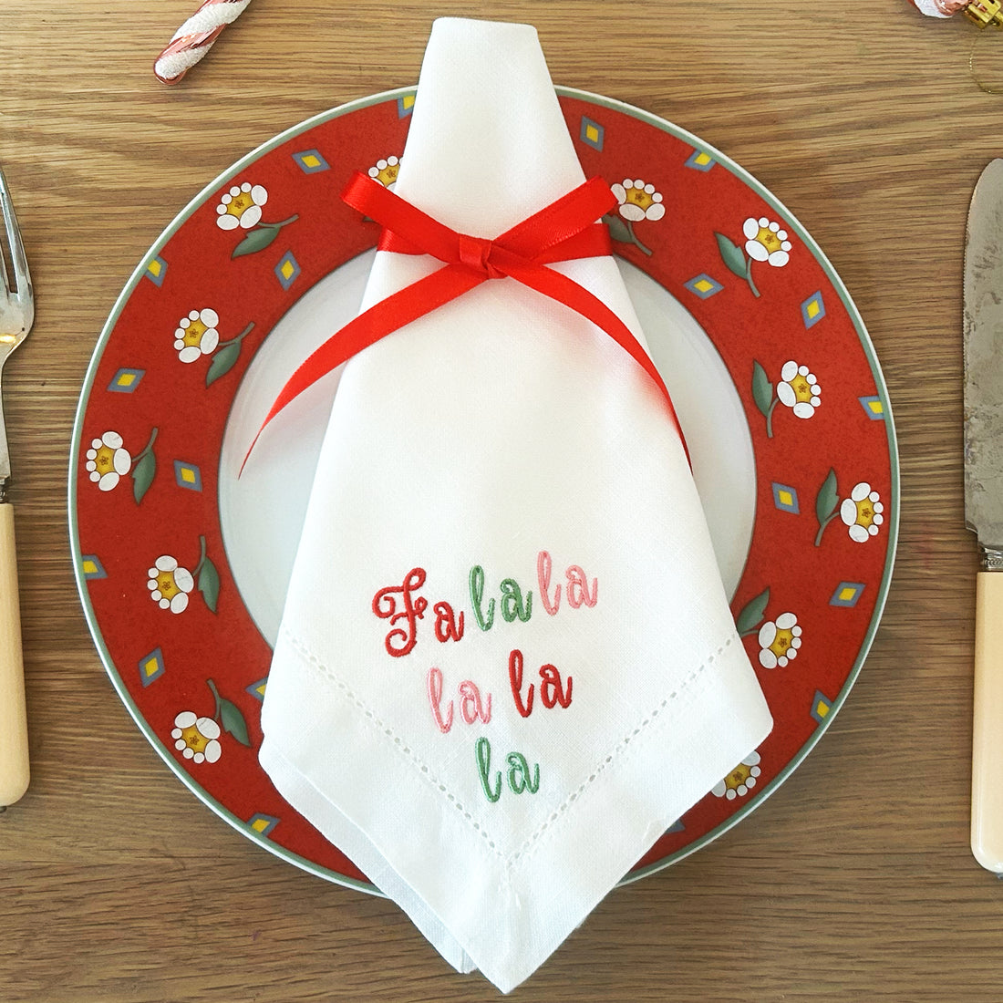 Fa la la la Christmas Embroidered Napkins, Set of 4