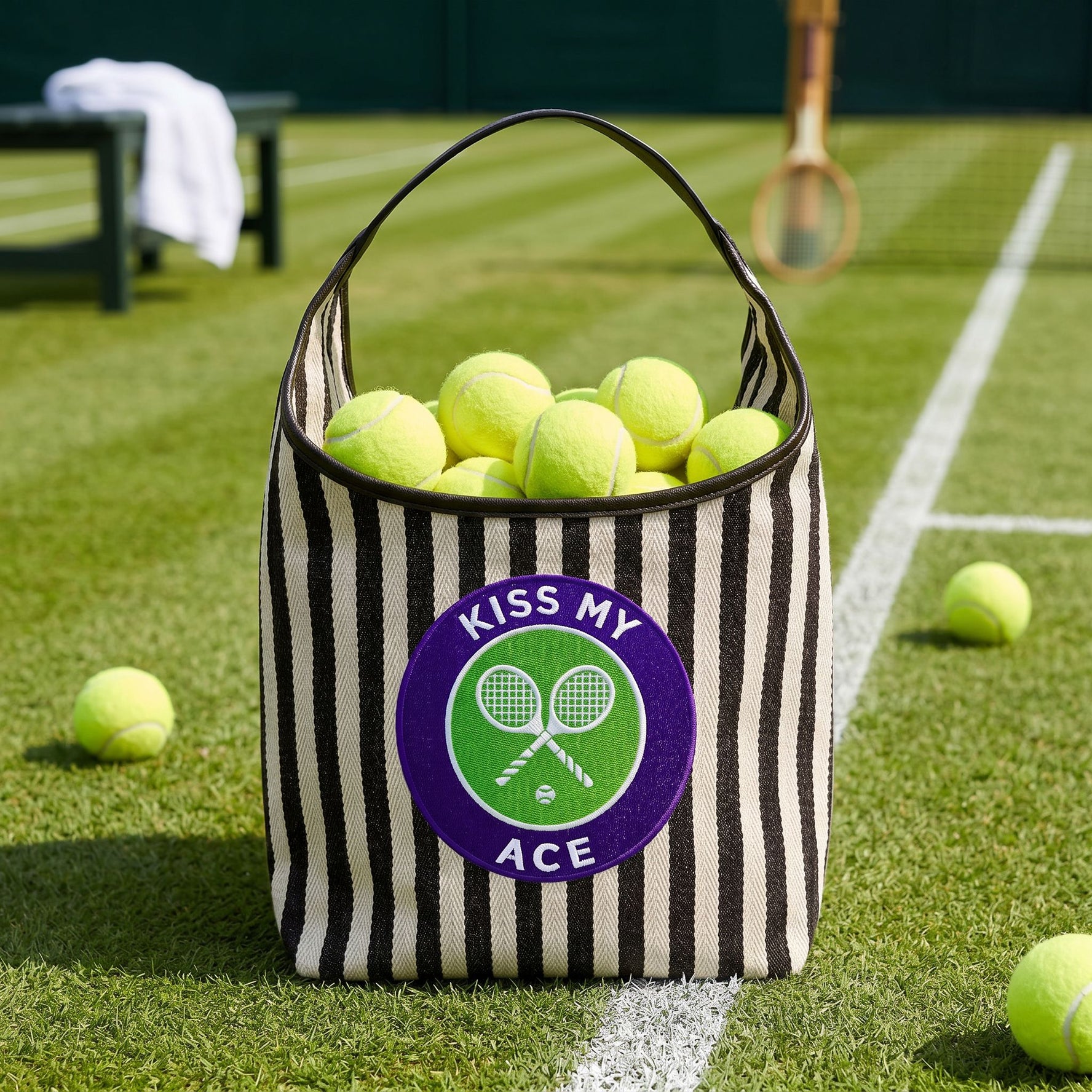 Lilly Loves Wimbledon Inspired Kiss My Ace handbag in white with tennis ball and court design, stylish hand-held purse.