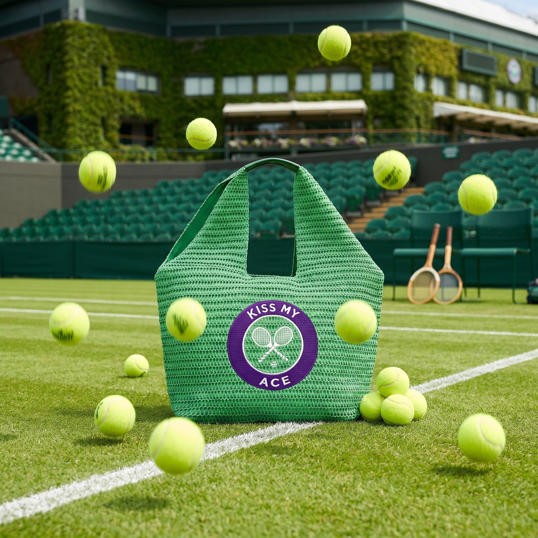 Lilly Loves Wimbledon Kiss My Ace oversized handbag with a bold tennis-themed design, large tote style, and vibrant colors.