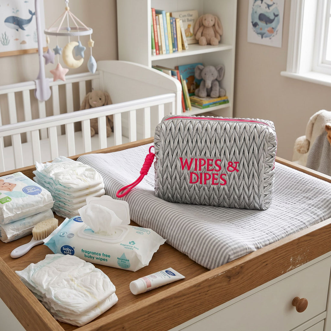 Silver LillyLovesLTD cosmetic wash bag with zipper closure, featuring a sleek, compact design for toiletries and cosmetics.