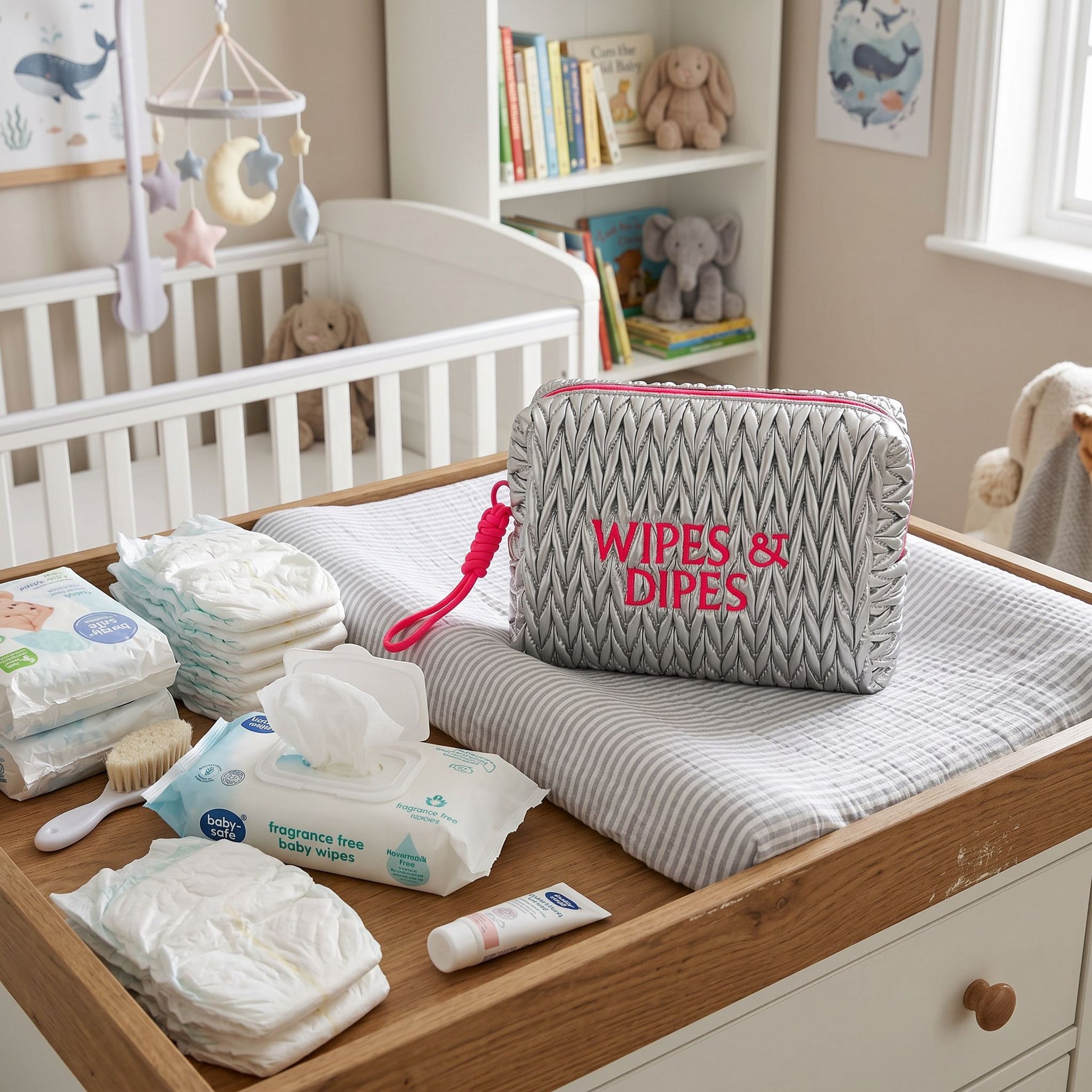 Silver LillyLovesLTD cosmetic wash bag with zipper closure, featuring a sleek, compact design for toiletries and cosmetics.