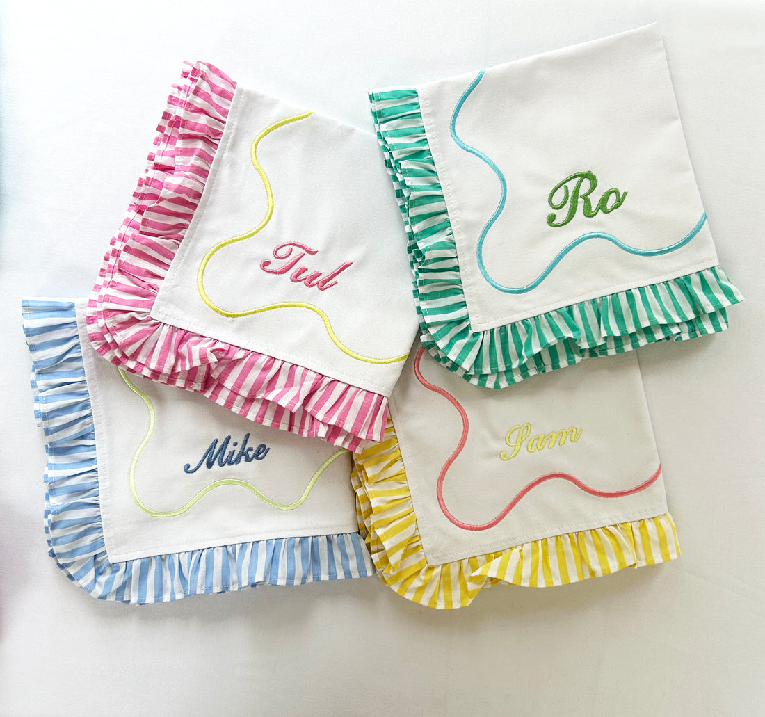 Personalised Name Place Frilly Candy Stripe Napkins | Set 4