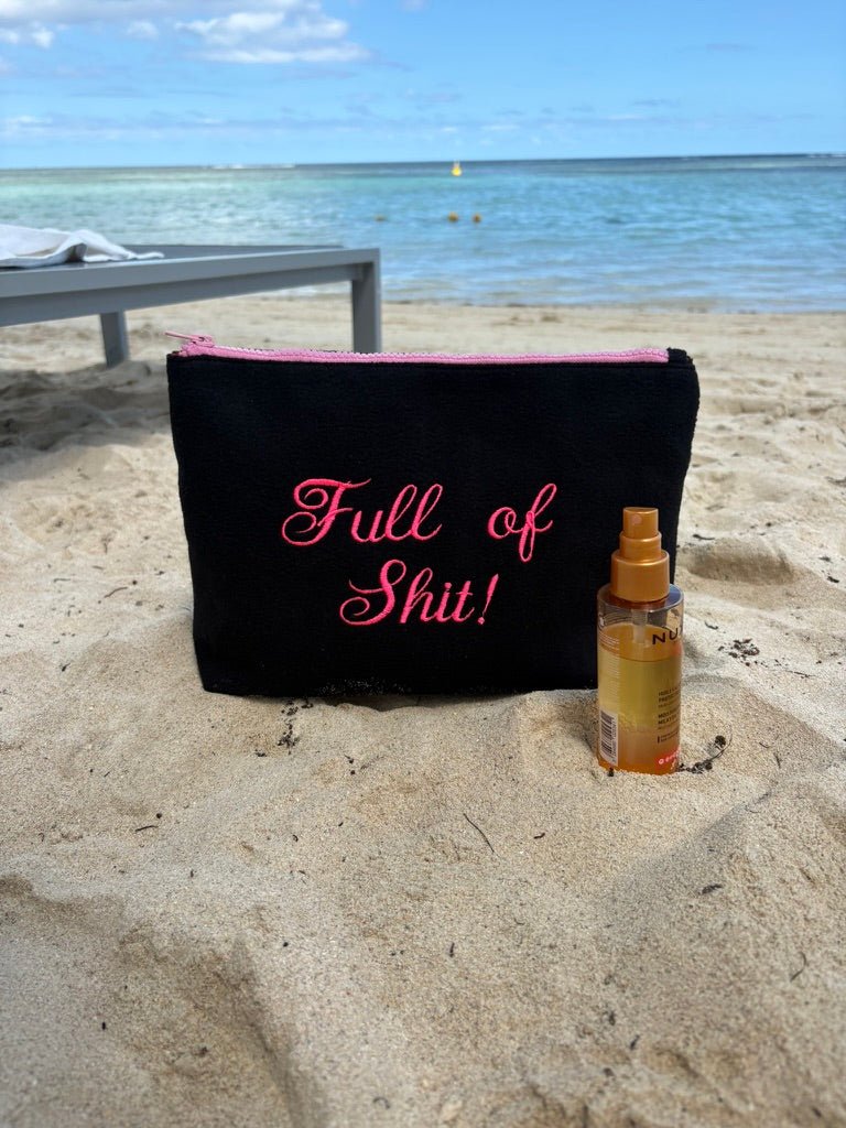 LillyLovesLTD Full of Shit wash bag pouch with bold black text on white fabric, designed for toiletries and travel essentials.