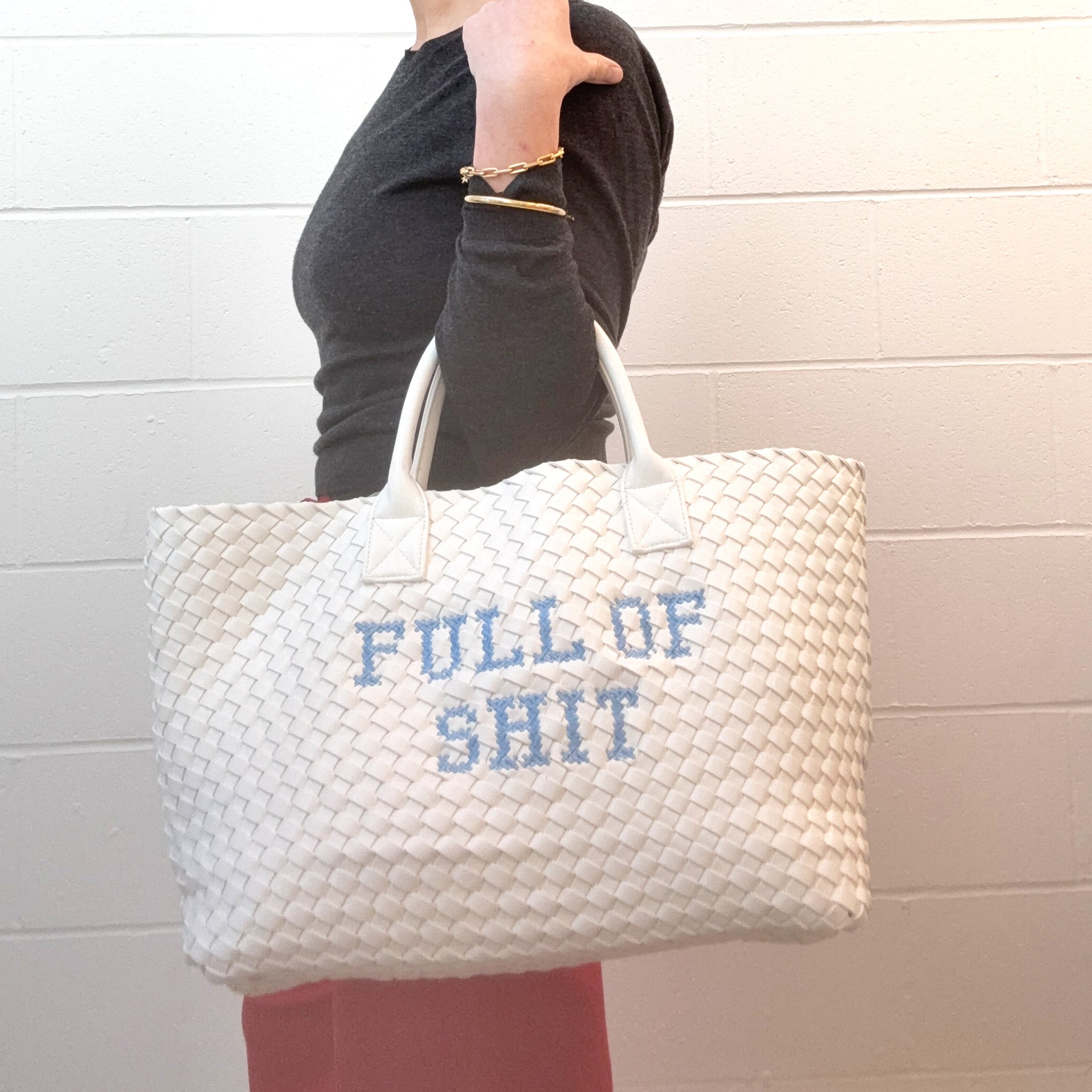 White Vegan FULL OF SHIT Woven Handbag