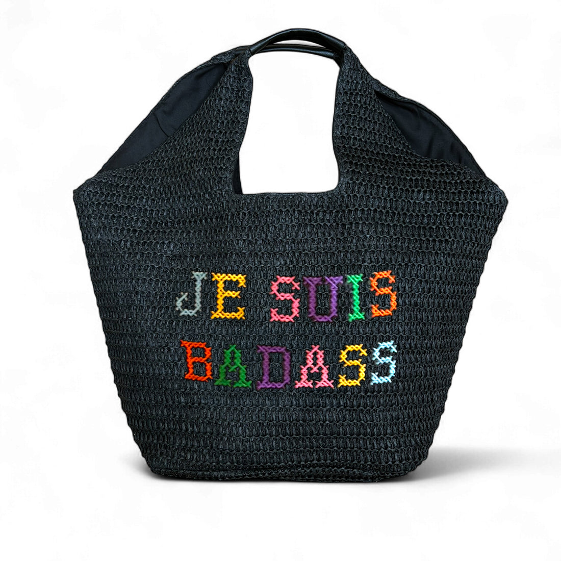 Lilly Loves Je Suis BADASS embroidered oversized handbag with bold text and stylish design, perfect for making a statement.