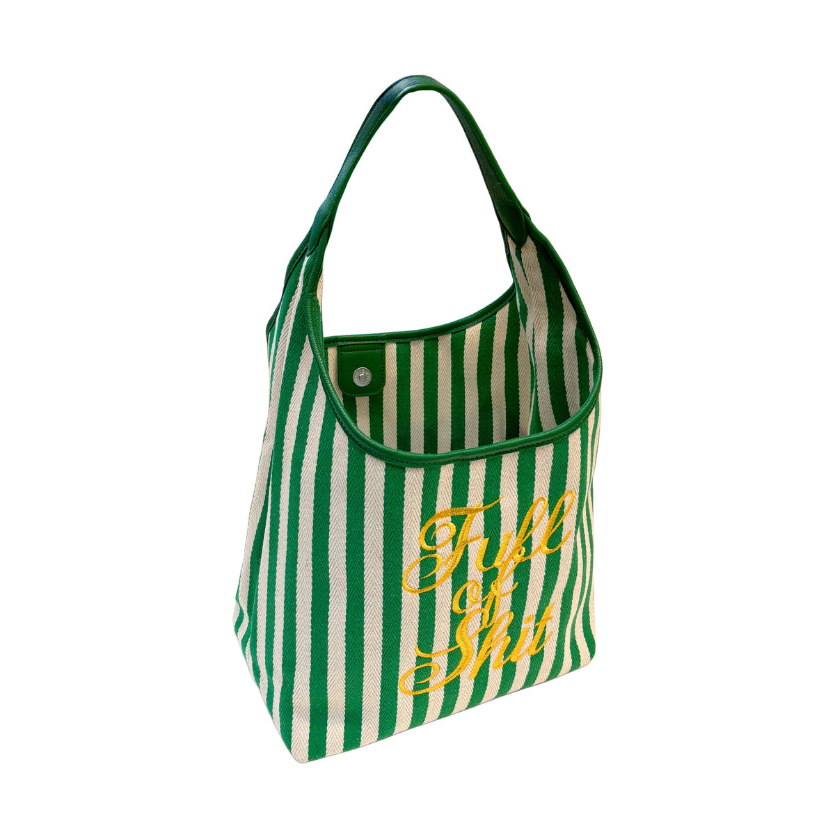 Green Lilly Loves beach handbag with "Full Of Shit" design, casual style, featuring a spacious interior and sturdy handles.