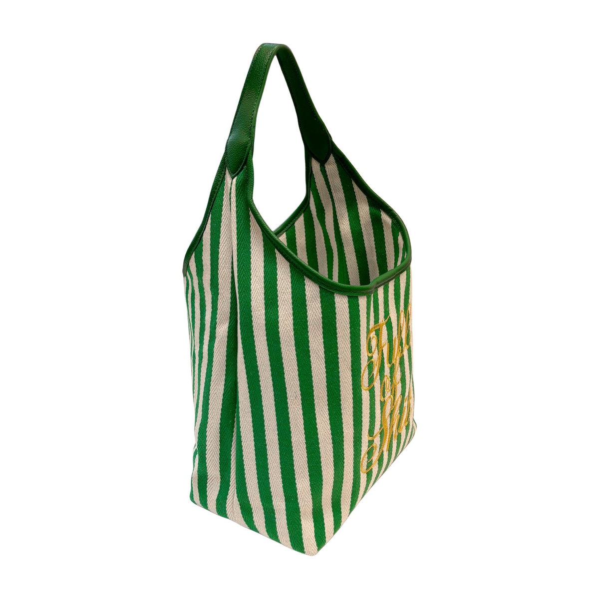 Lilly Loves green beach handbag with "Full Of Shit" print, stylish tote bag for beach and casual outings.