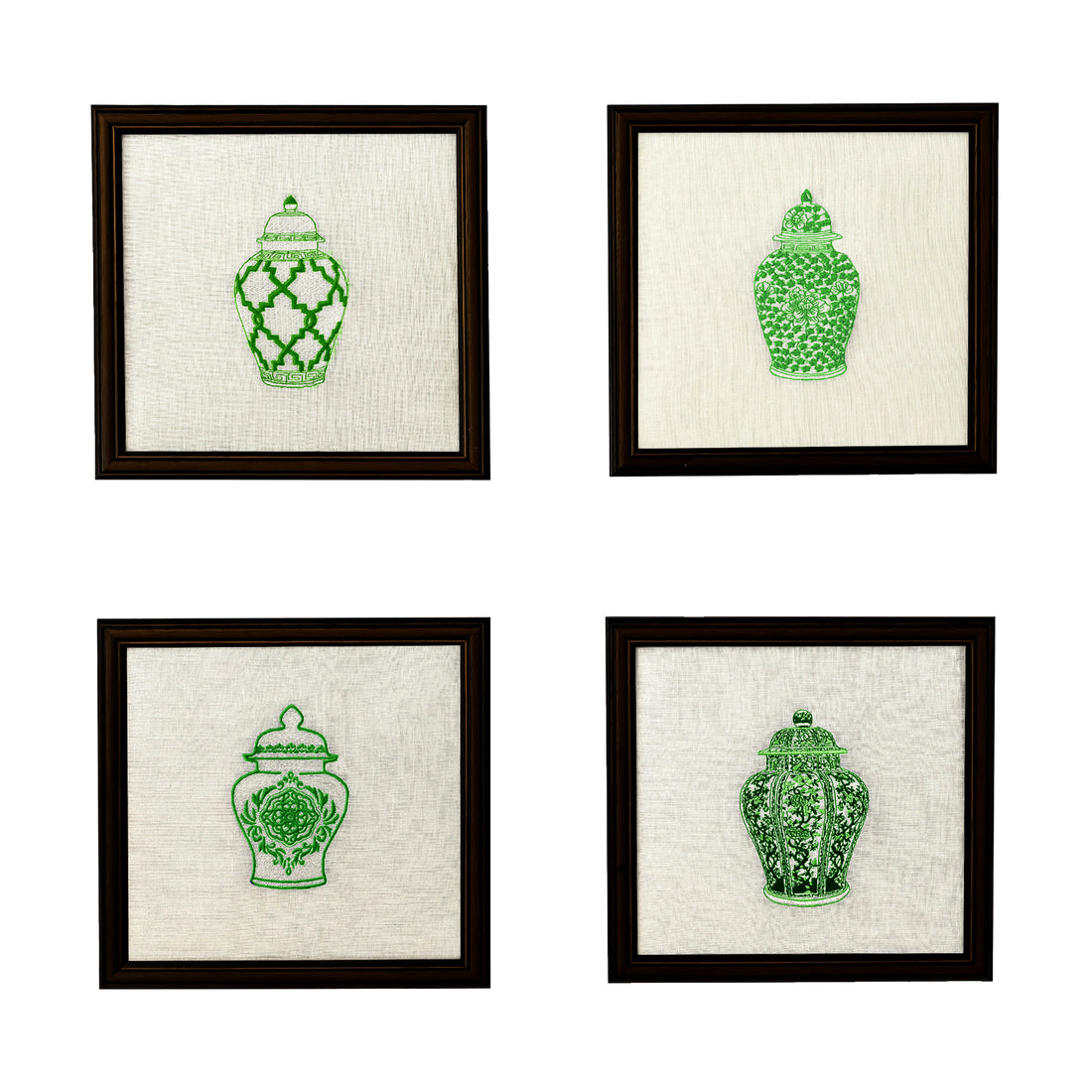 Green Ginger Jars Set of 4 Embroidered Artwork