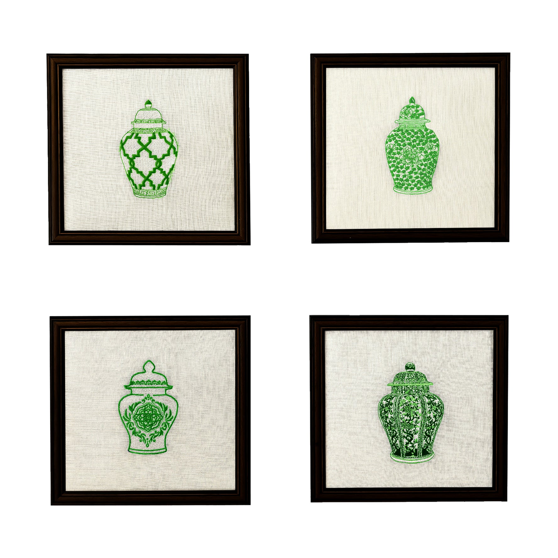 Green Ginger Jars Set of 4 Embroidered Artwork