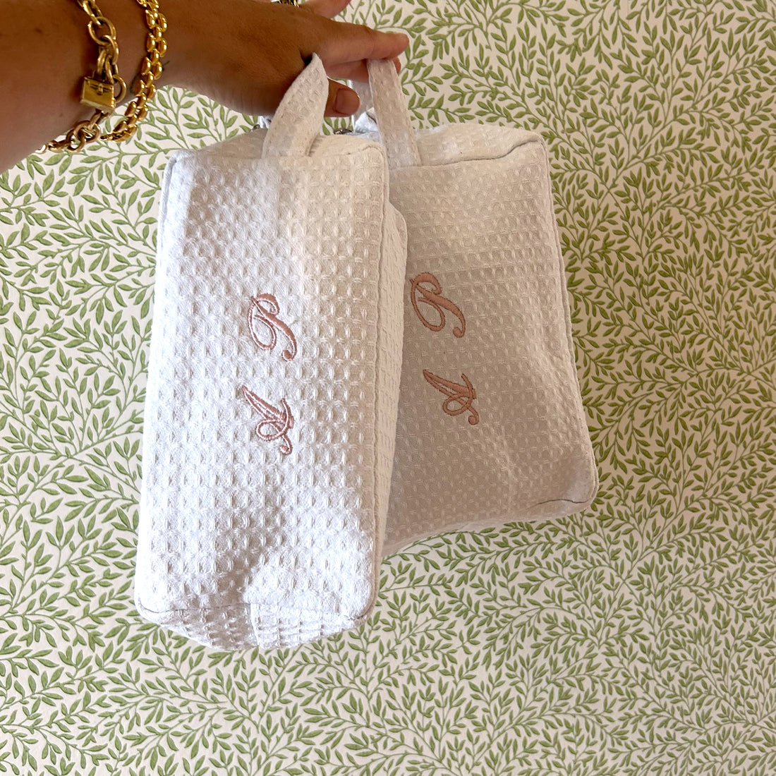 Monogramed White Waffle make up bag