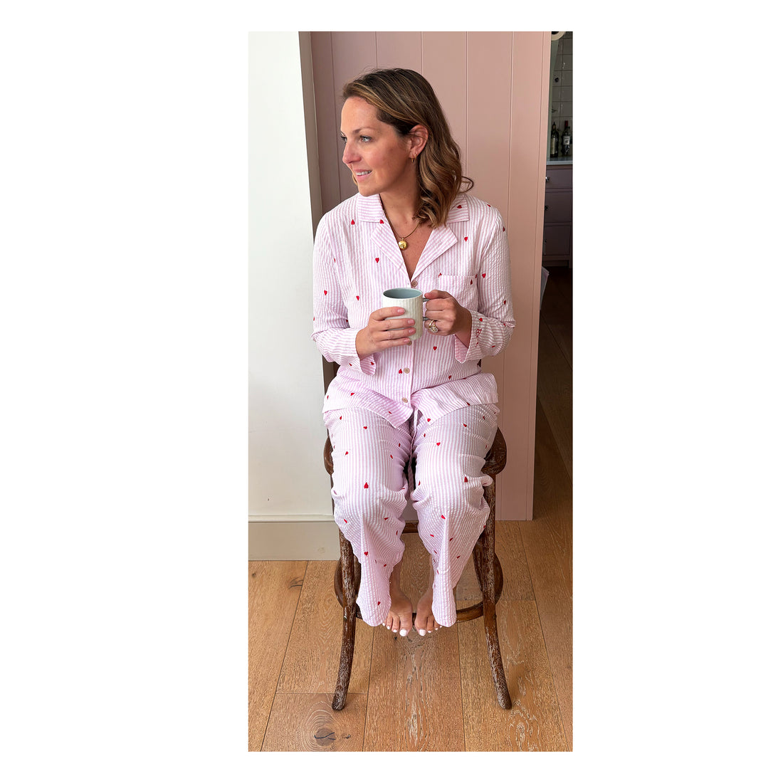 Pink Heart Embroidered Cotton Stripe Pajamas