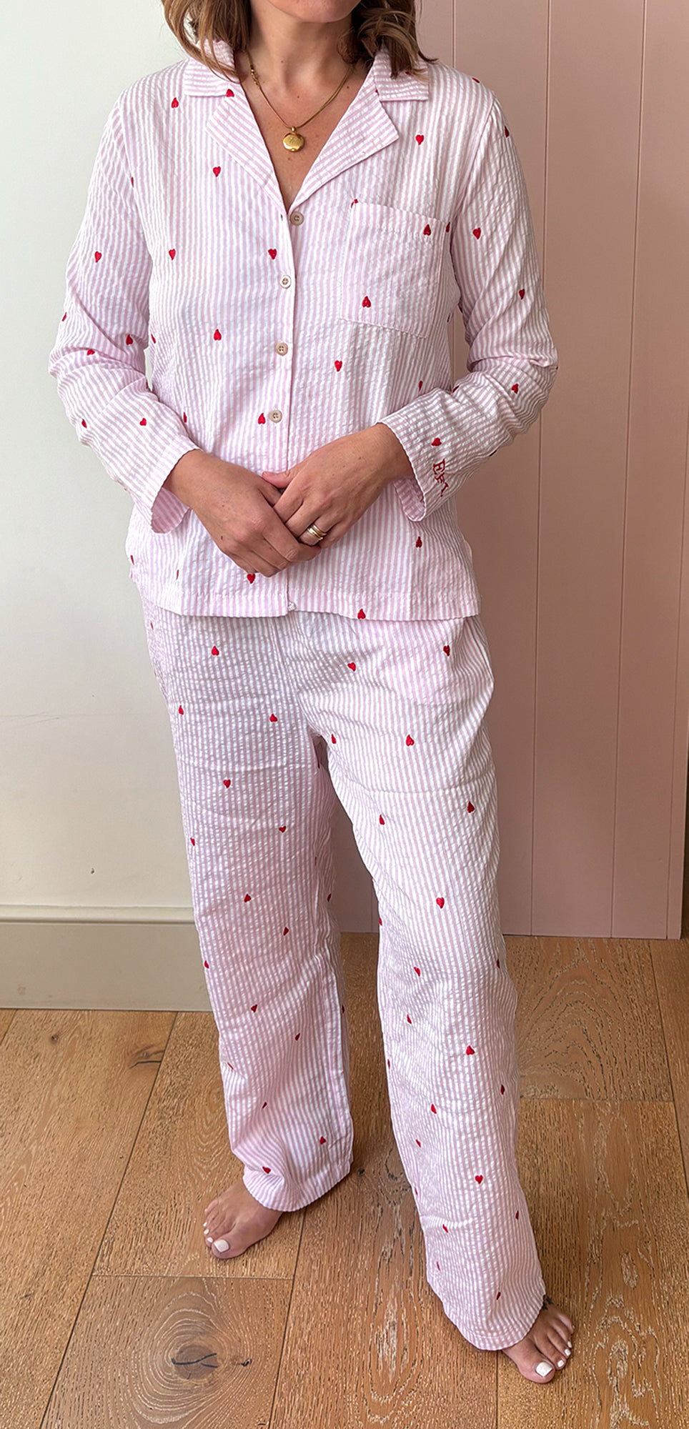 Pink Heart Embroidered Cotton Stripe Pajamas