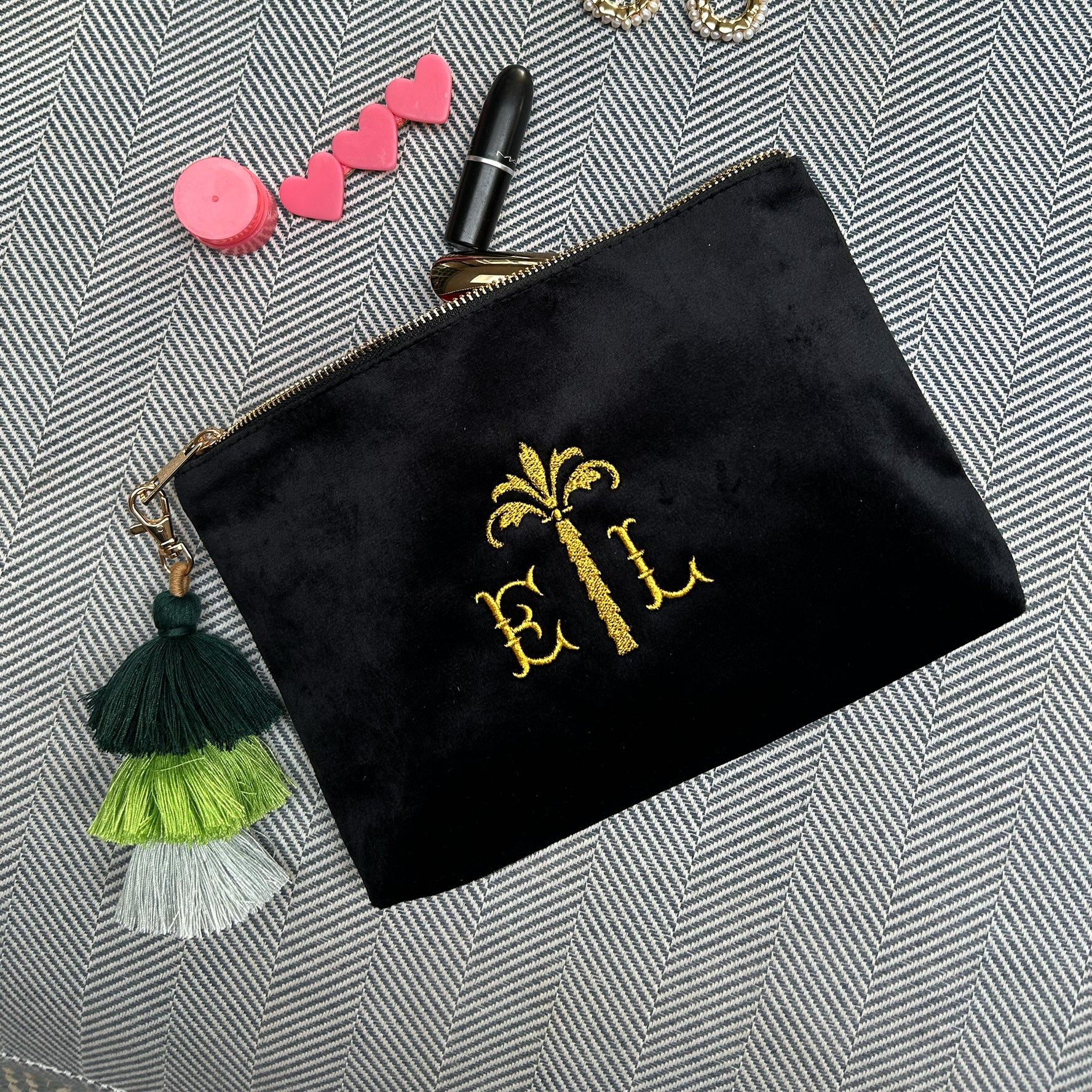 Velvet Monogram Palm Tree Pouch