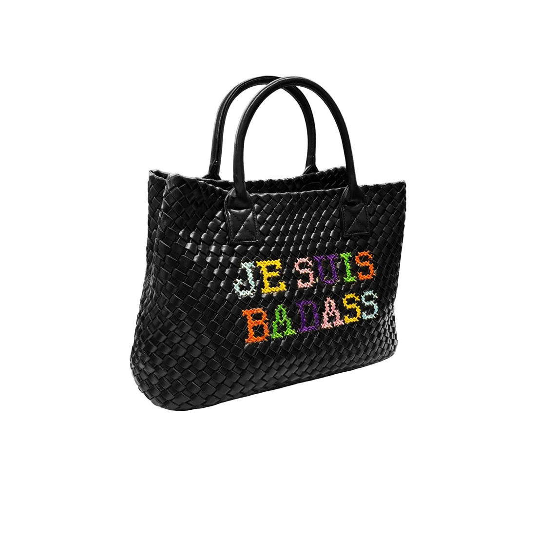 Lilly Loves Je Suis Badass Vegan embroidered handbag shown from the side, featuring colorful embroidery and a sleek design.