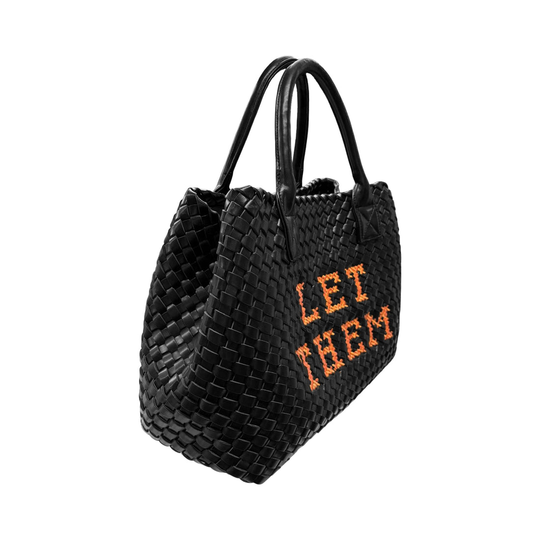 Lilly Loves Let Them Vegan handbag in black leather with gold hardware, showcasing its stylish, compact design and top handle.