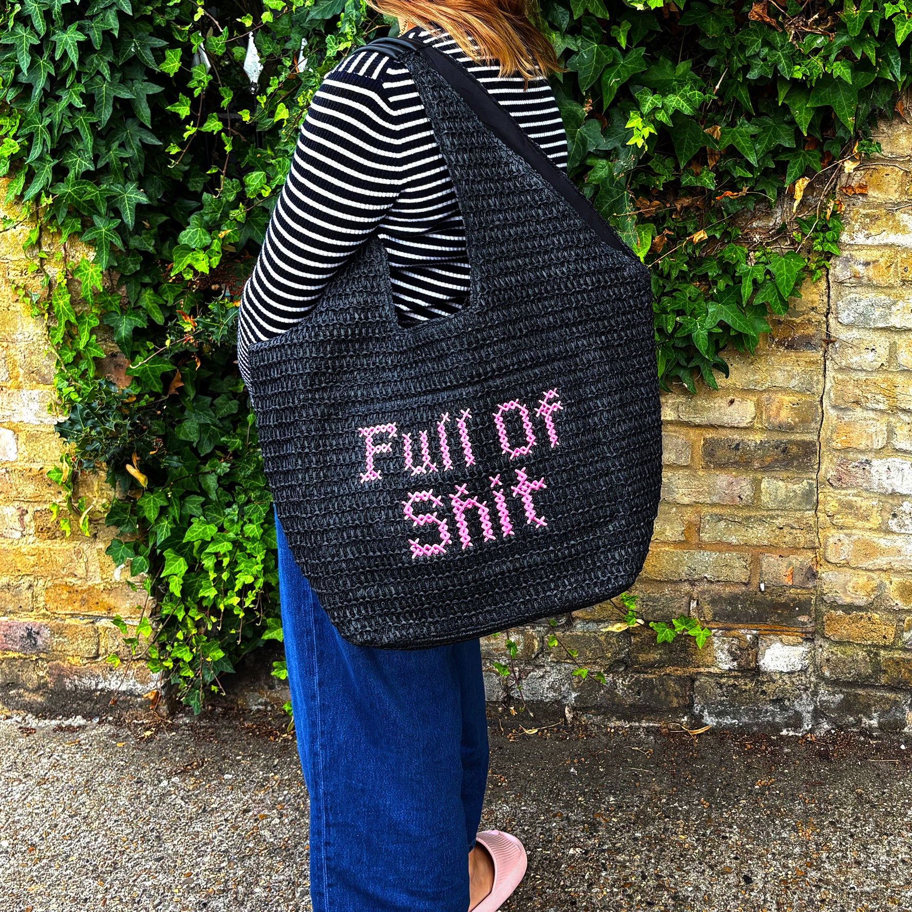 FULL OF SHIT Pink embroidered Beach Bag