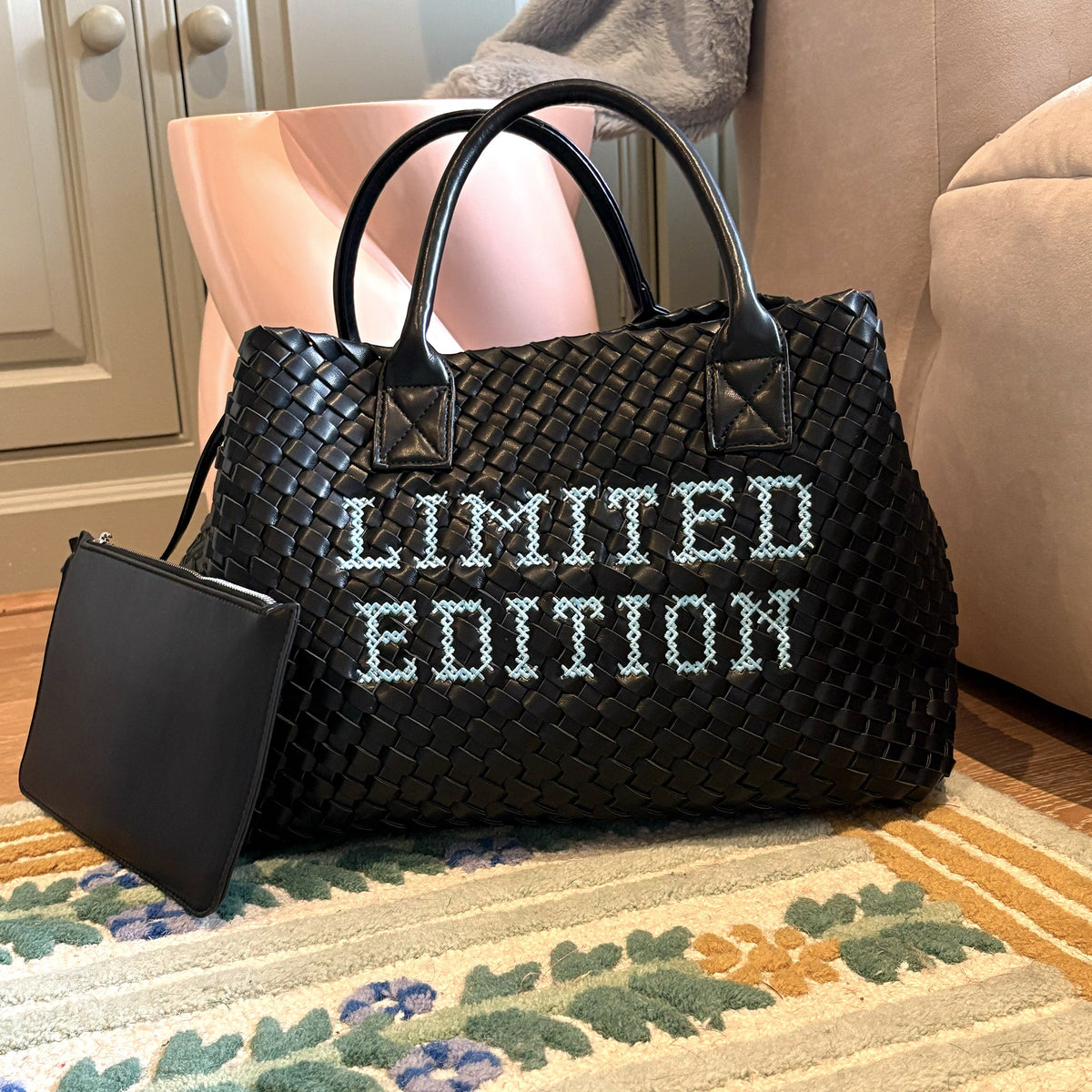 Limited edition woven handbag by Lilly Loves, featuring intricate craftsmanship and stylish design.