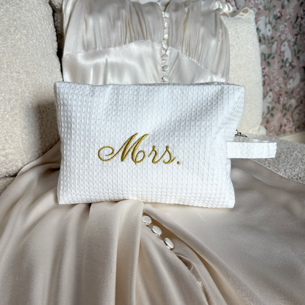 Mrs. Wedding white waffle makeup bag by Lilly Loves, a stylish wash bag with textured waffle fabric and elegant design.