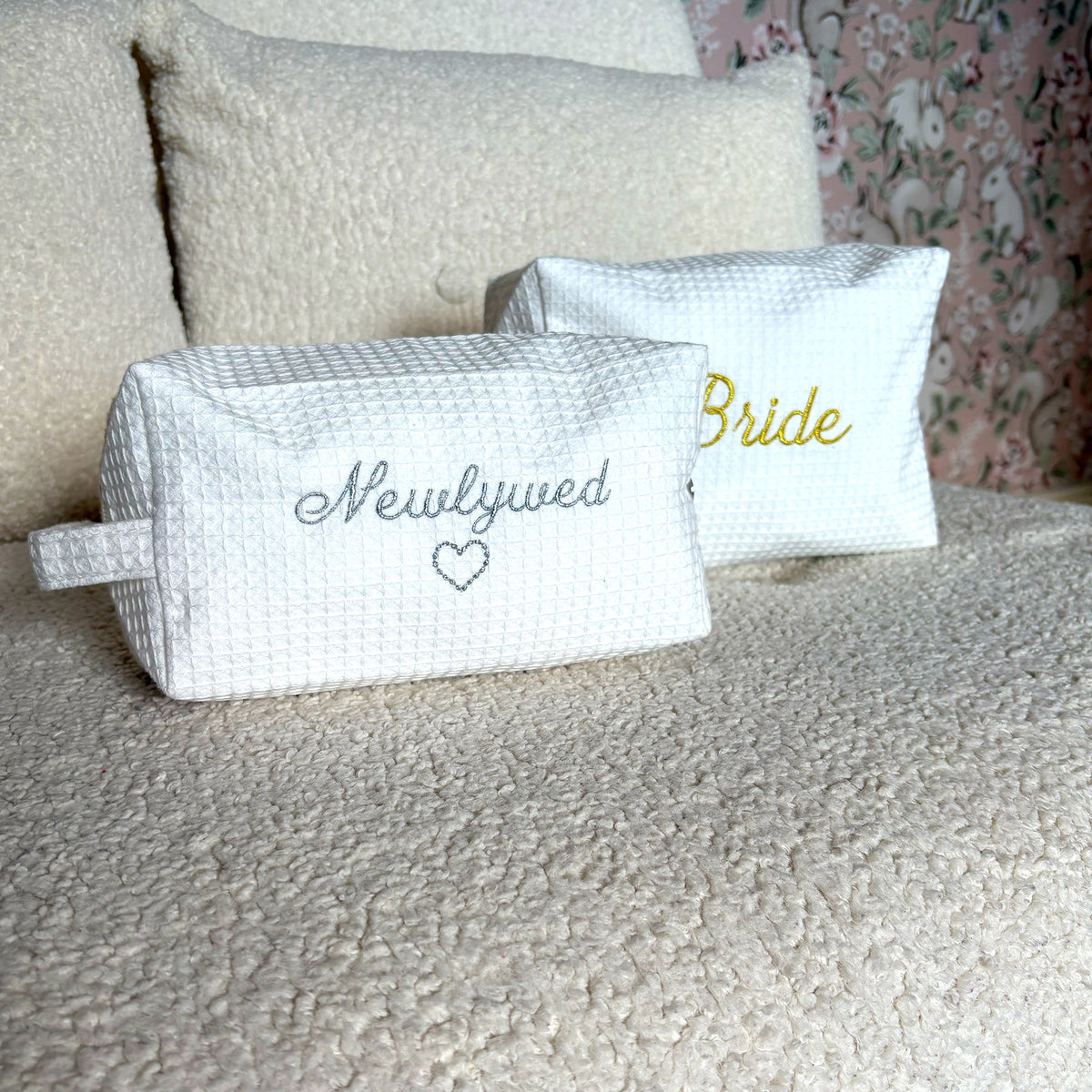 White Mrs. Wedding waffle makeup bag by Lilly Loves, featuring a charming wash bag with a textured waffle fabric design.