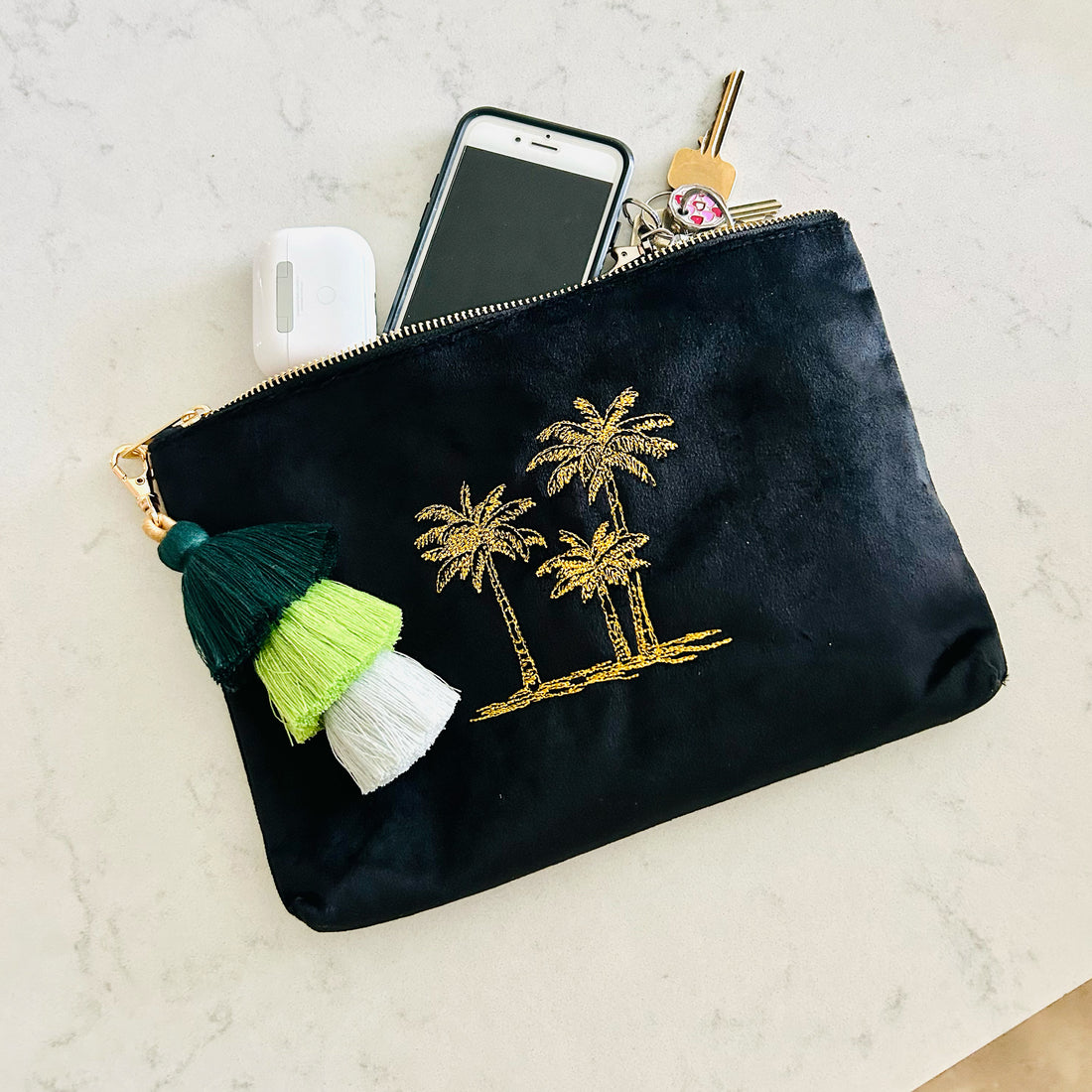 Personalized Palm Tree Initials Quilted Velvet Toiletry Bag – Gold Beauty & Travel Gift