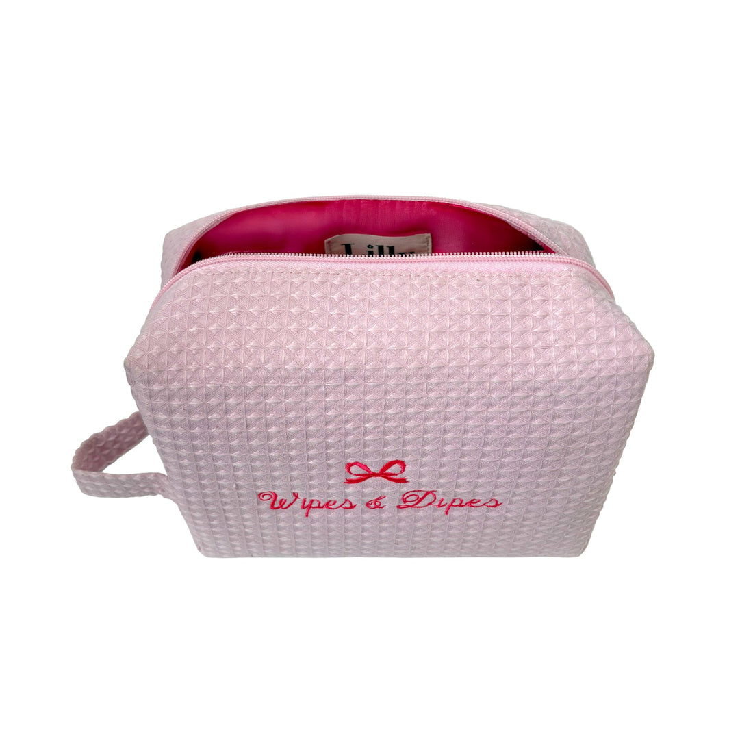 Pink Lillyloves Wipes & Dipes waffle wash bag with zipper closure and quilted texture for organizing toiletries.