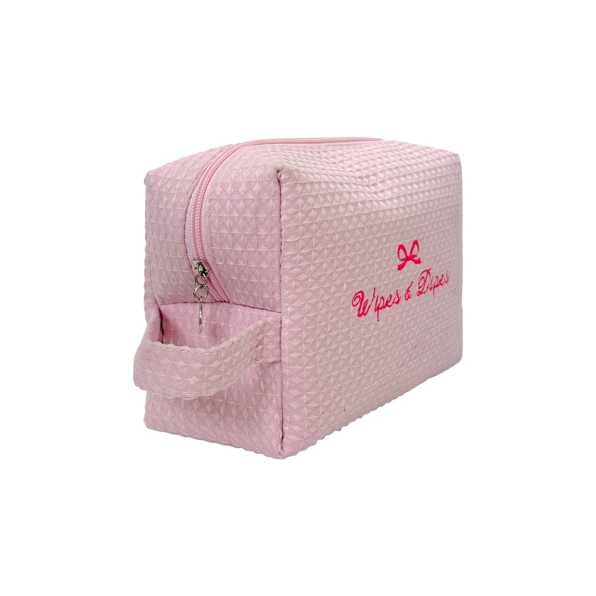 Pink Lillyloves Wipes & Dipes waffle wash bag with a quilted pattern and zipper closure, designed for organizing personal items.