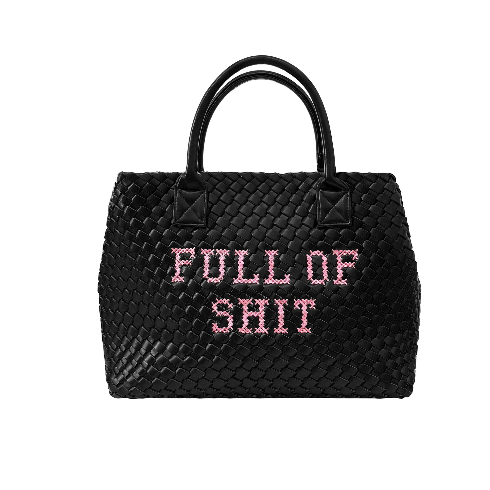 Pink Vegan FULL OF SHIT woven handbag by Lilly Loves, showing a stylish pink handbag with woven texture and bold lettering.
