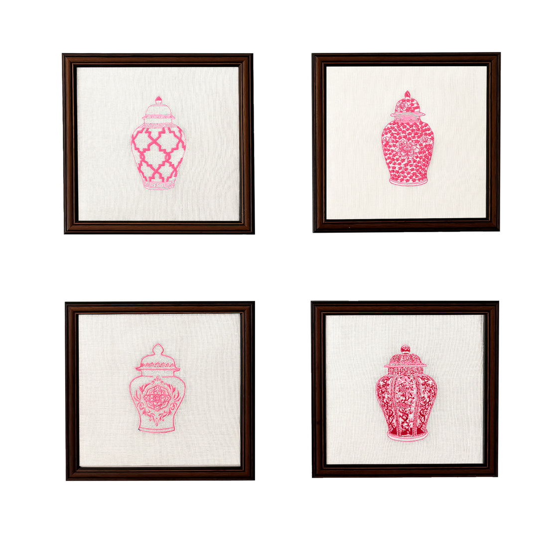 Pink Ginger Jars Set of 4 Embroidered Artwork