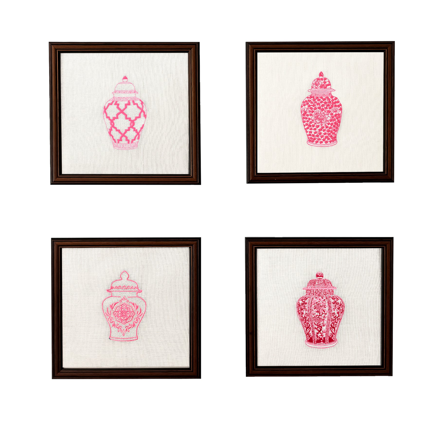Pink Ginger Jars Set of 4 Embroidered Artwork