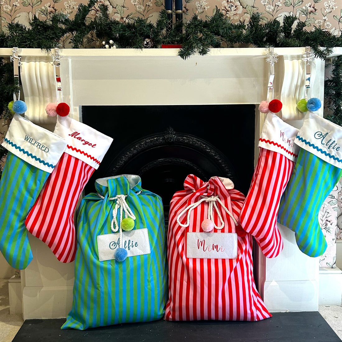 Personalised Green and Blue Christmas Sacs