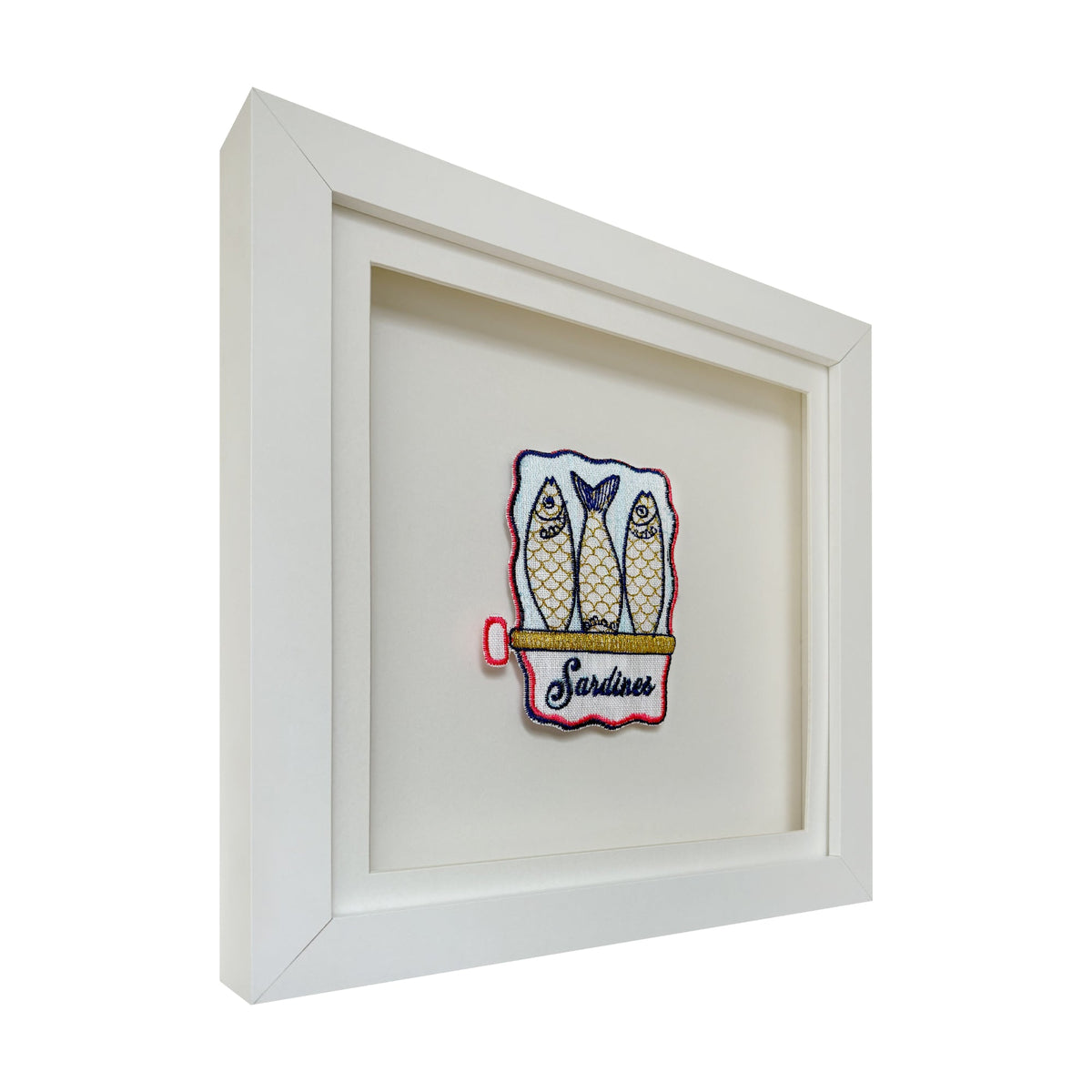 Colorful embroidered artwork of sardines by Lillyloves, showcasing detailed needlework on fabric.