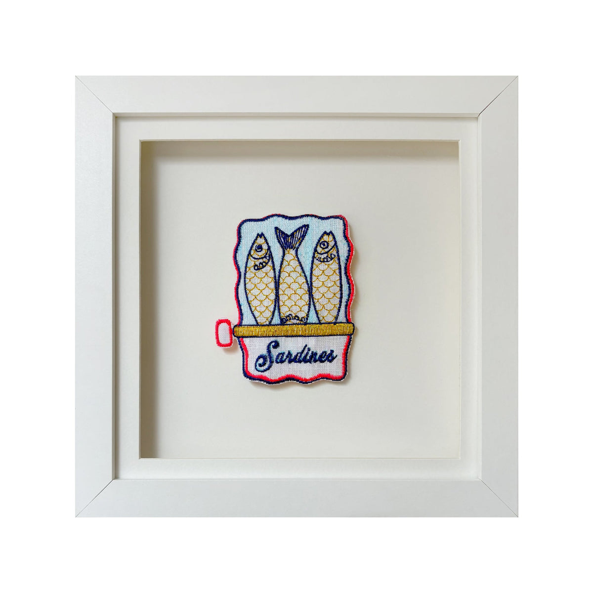 Embroidered artwork of sardines by Lillyloves featuring detailed stitching and vibrant colors on fabric background.