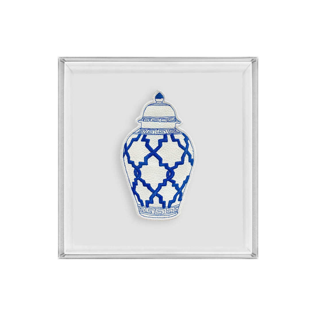 A square framed art print featuring a blue and white patterned ginger jar illustration on a light gray background.