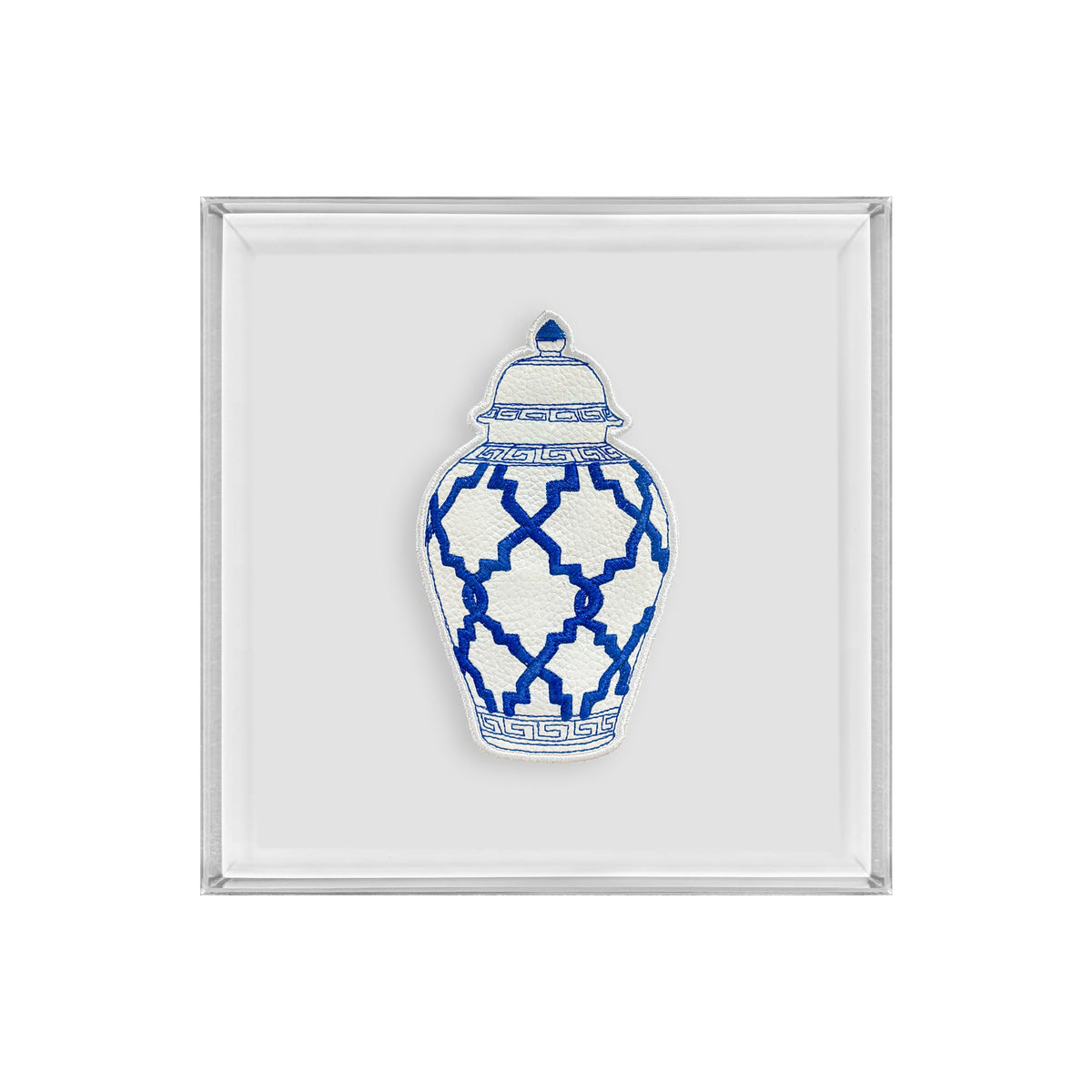 A square framed art print featuring a blue and white patterned ginger jar illustration on a light gray background.