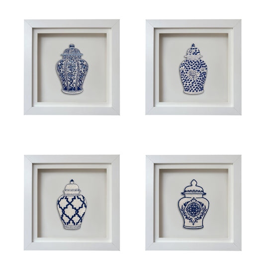 Set of four Lillyloves embroidered ginger jar artwork pieces, showcasing intricate designs and vibrant colors.