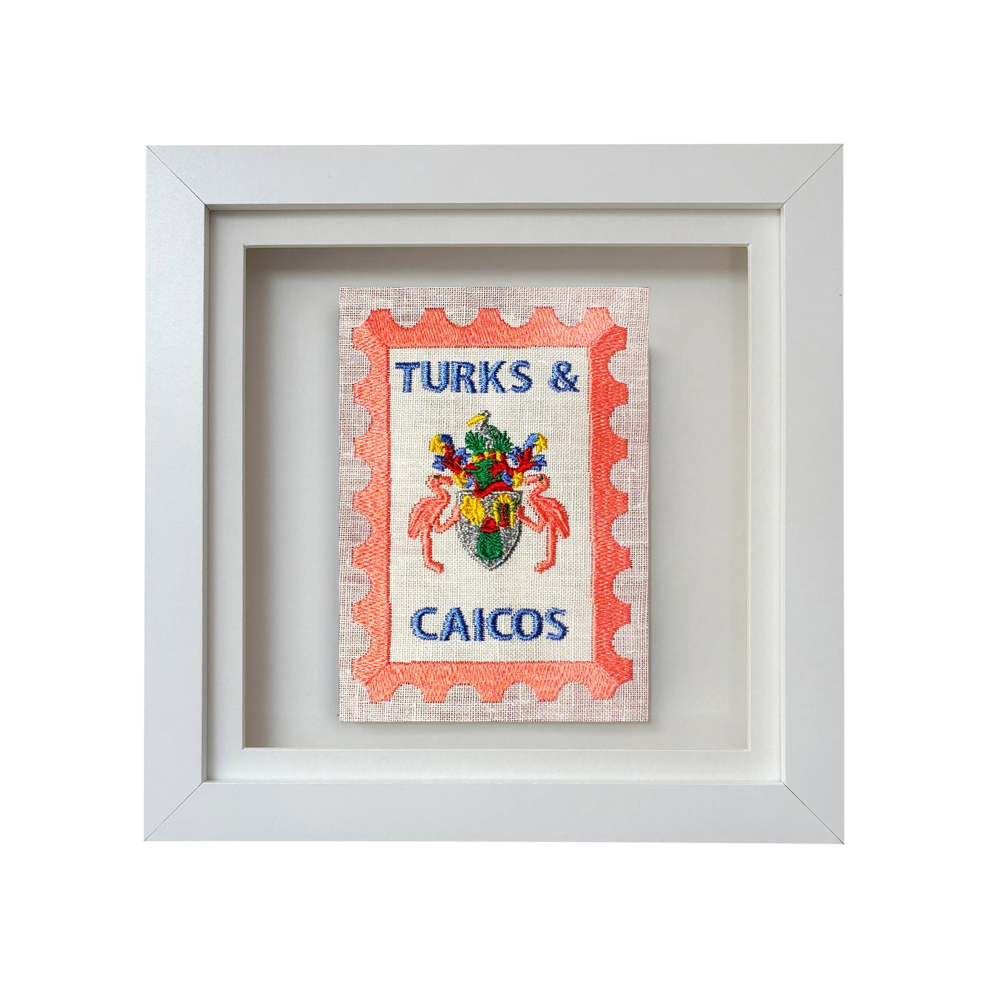 Turks & Caicos embroidered stamp artwork by Lillyloves featuring detailed island embroidery and vibrant tropical colors.