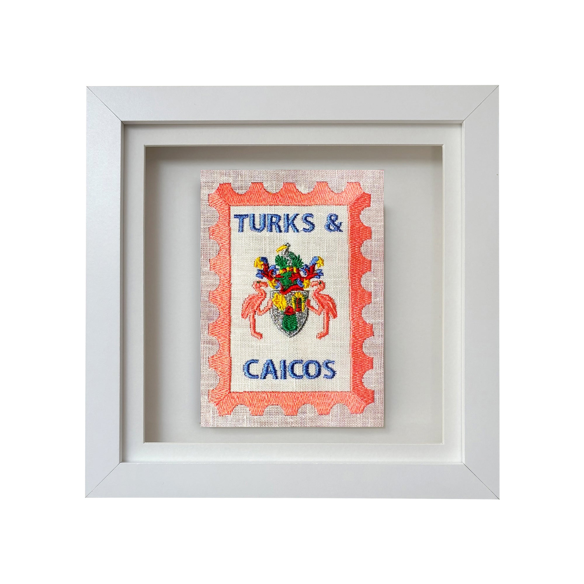 Turks & Caicos embroidered stamp artwork by Lillyloves featuring detailed island embroidery and vibrant tropical colors.