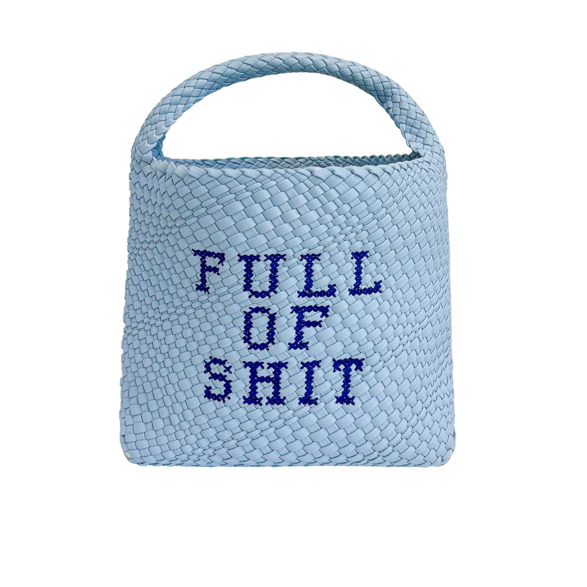 Blue embroidered bucket bag by Lilly Loves, stylish bag with intricate embroidery and spacious interior for organization.