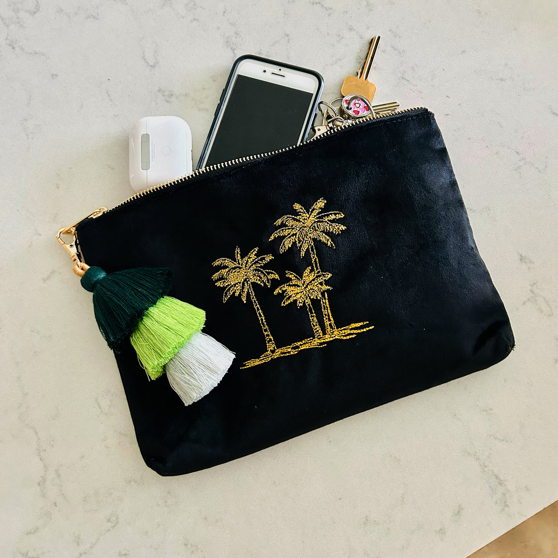 Personalized Palm Tree Initials Quilted Velvet Toiletry Bag – Gold Beauty & Travel Gift