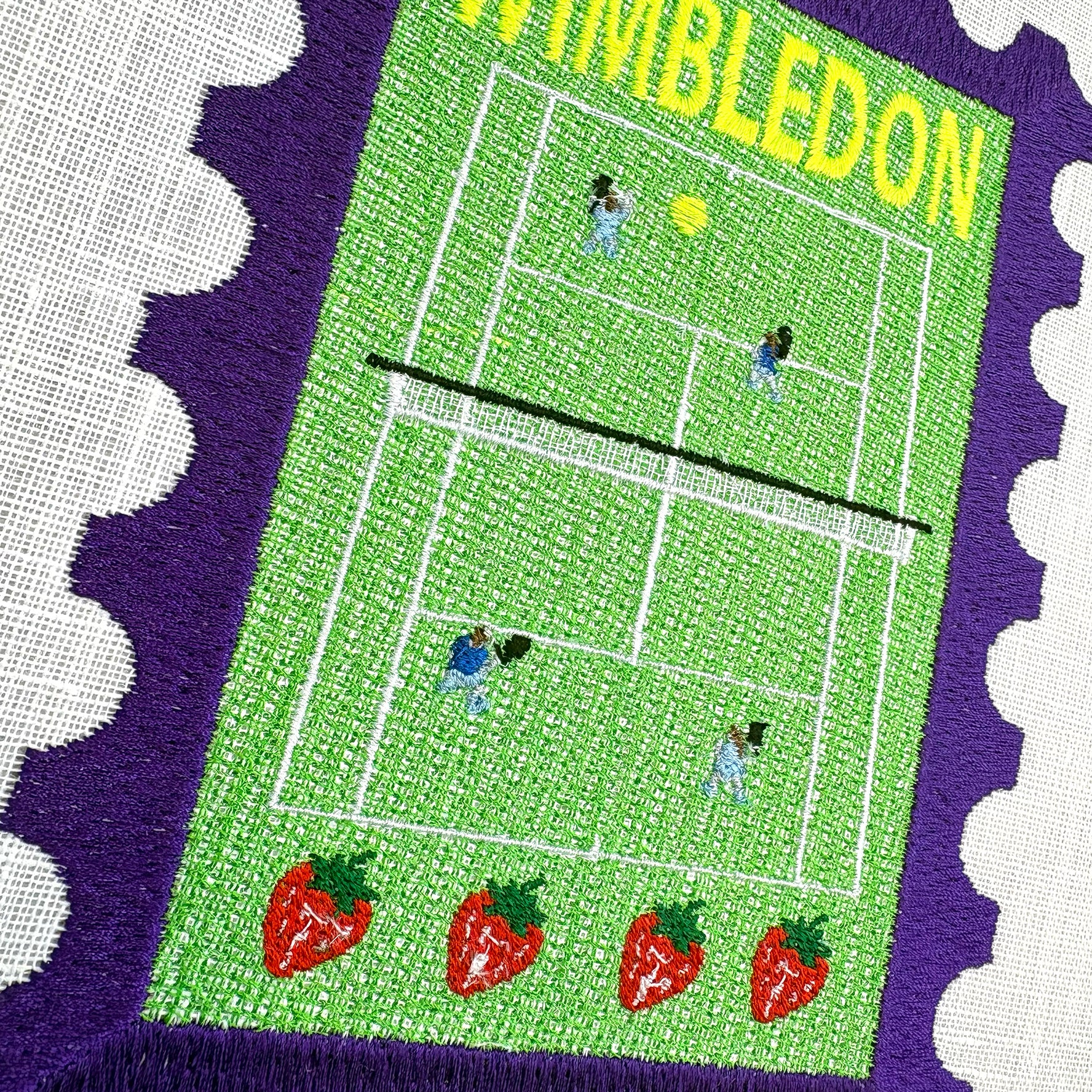Colorful Wimbledon Tennis embroidered stamp artwork by Lillyloves featuring vibrant tennis ball and court design.