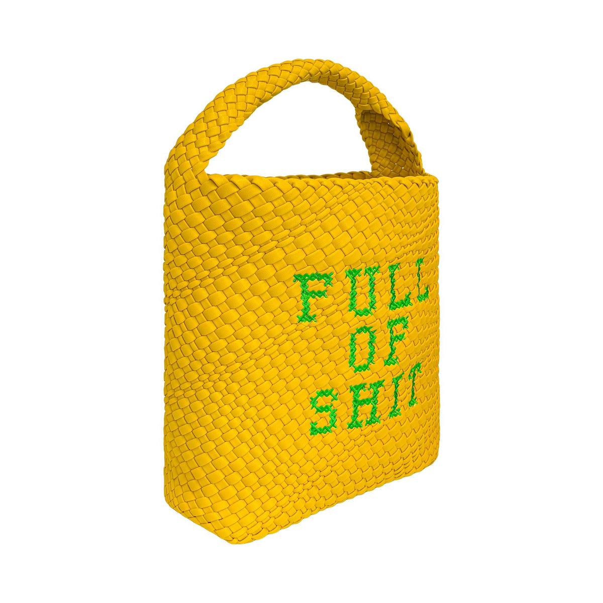 Yellow woven bucket handbag by Lilly Loves, showcasing textured fabric and stylish design with a round shape and shoulder strap.