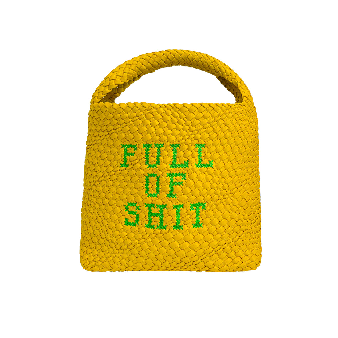 Yellow woven bucket handbag by Lilly Loves, showing the front view with a rounded shape and woven texture.